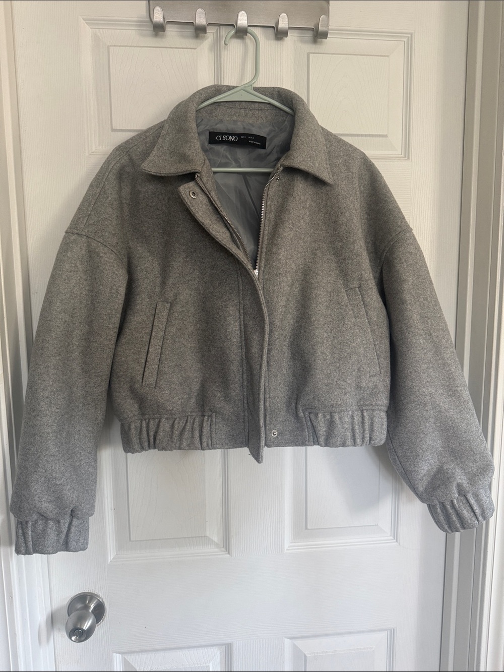 Ci Sono Gray Wool-Blend Bomber Jacket with Elastic Hem
